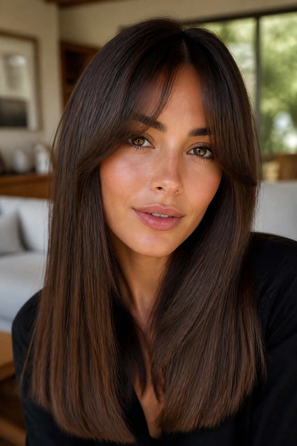 Close-up of a real woman with bottleneck bangs framing her face.