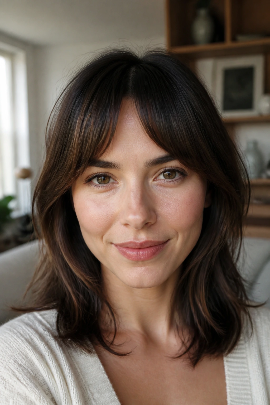 Close-up portrait of bottleneck bangs with center shorter and sides wider