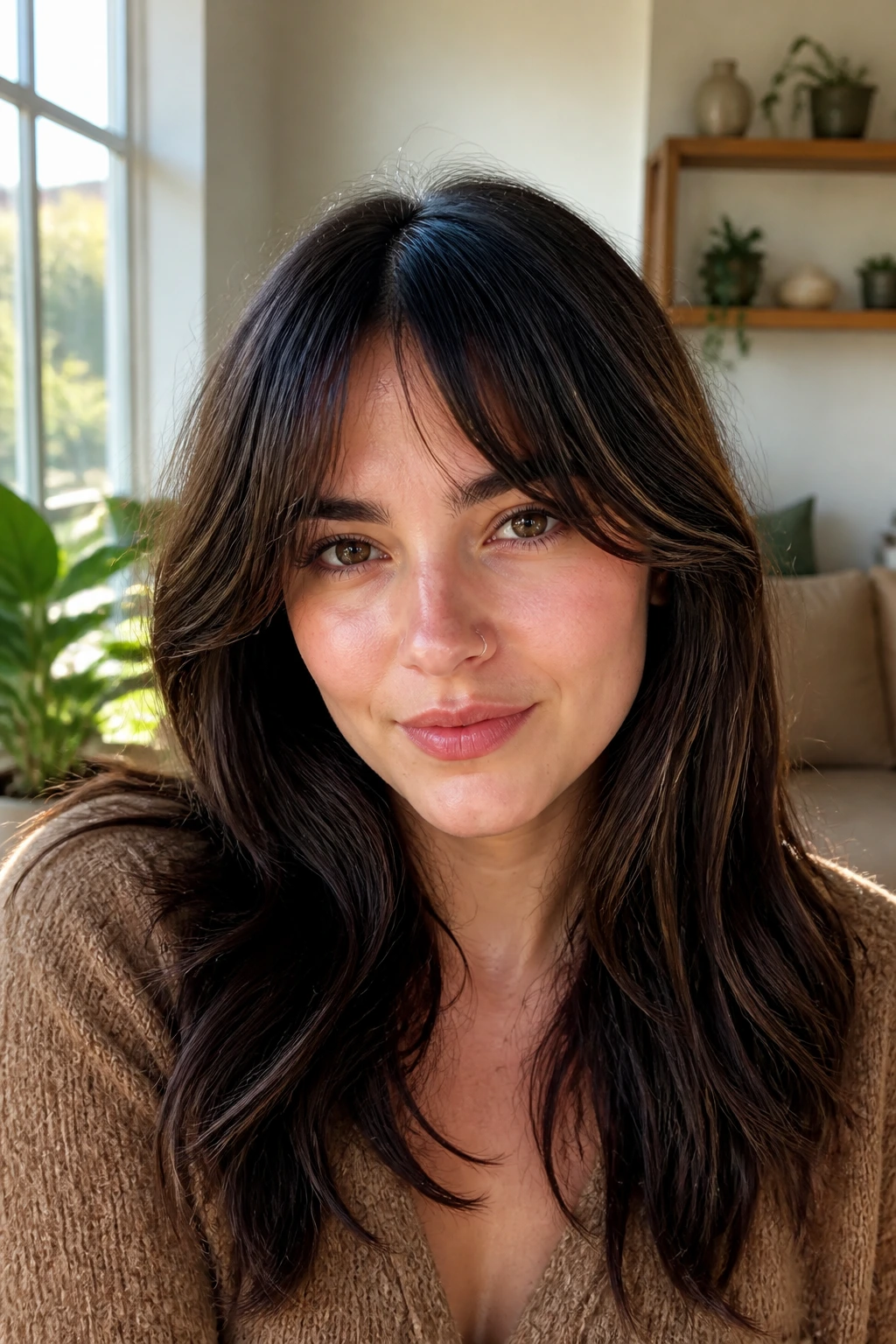 Close-up portrait of a real woman with bottleneck bangs under natural window light
