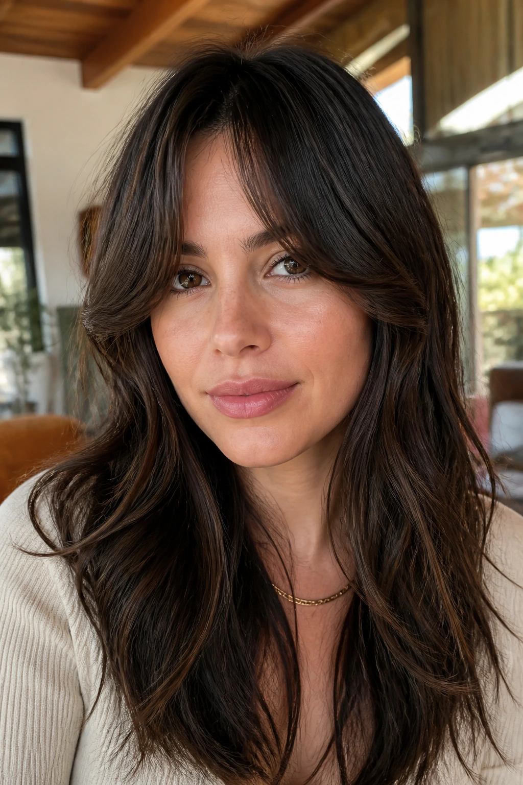Portrait of a woman with bottleneck bangs and long corners