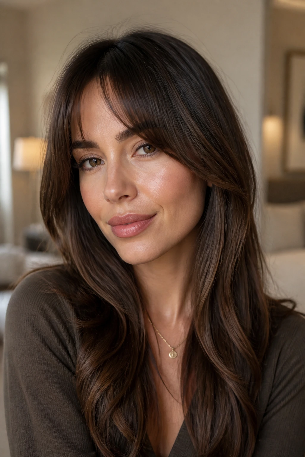 Close-up portrait of a real woman with bottleneck bangs and long face-framing layers