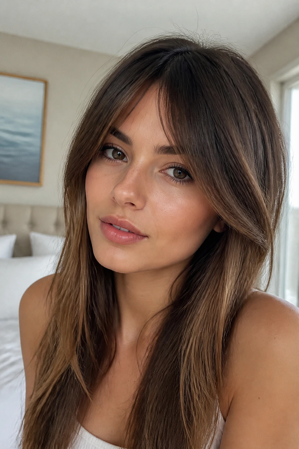 Close-up of a real person with bottleneck bangs narrowing at the center