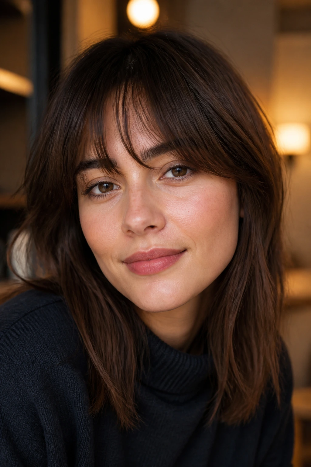 Woman with bottleneck bangs featuring a narrow center and wider temples.