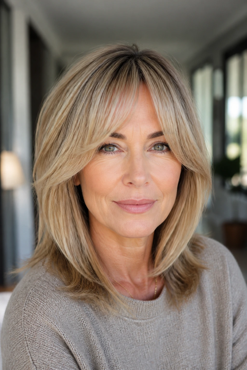 Portrait of a woman wearing bottleneck bangs with a narrow center and outward-opening sides
