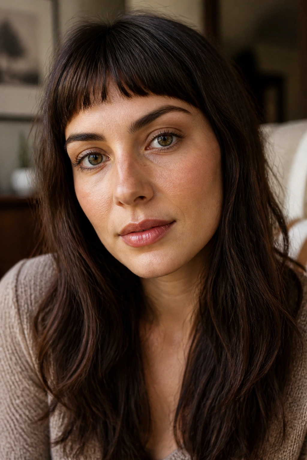 Real woman with bottleneck micro bangs, center short, temple taper