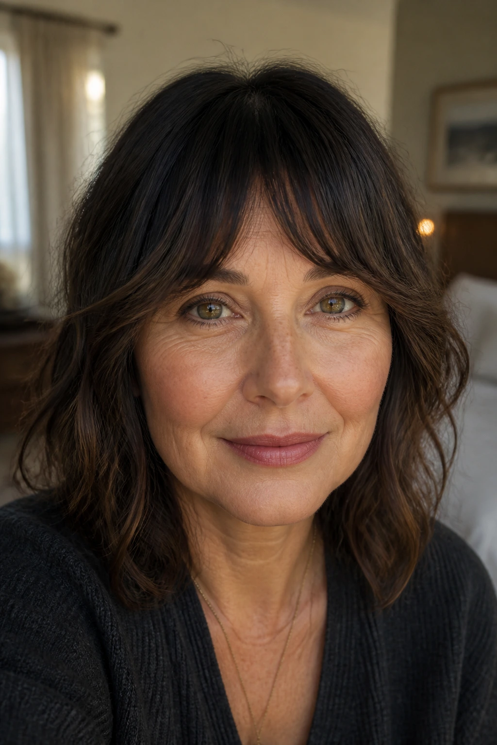 Close-up portrait of a real woman with bottleneck bangs under warm window light