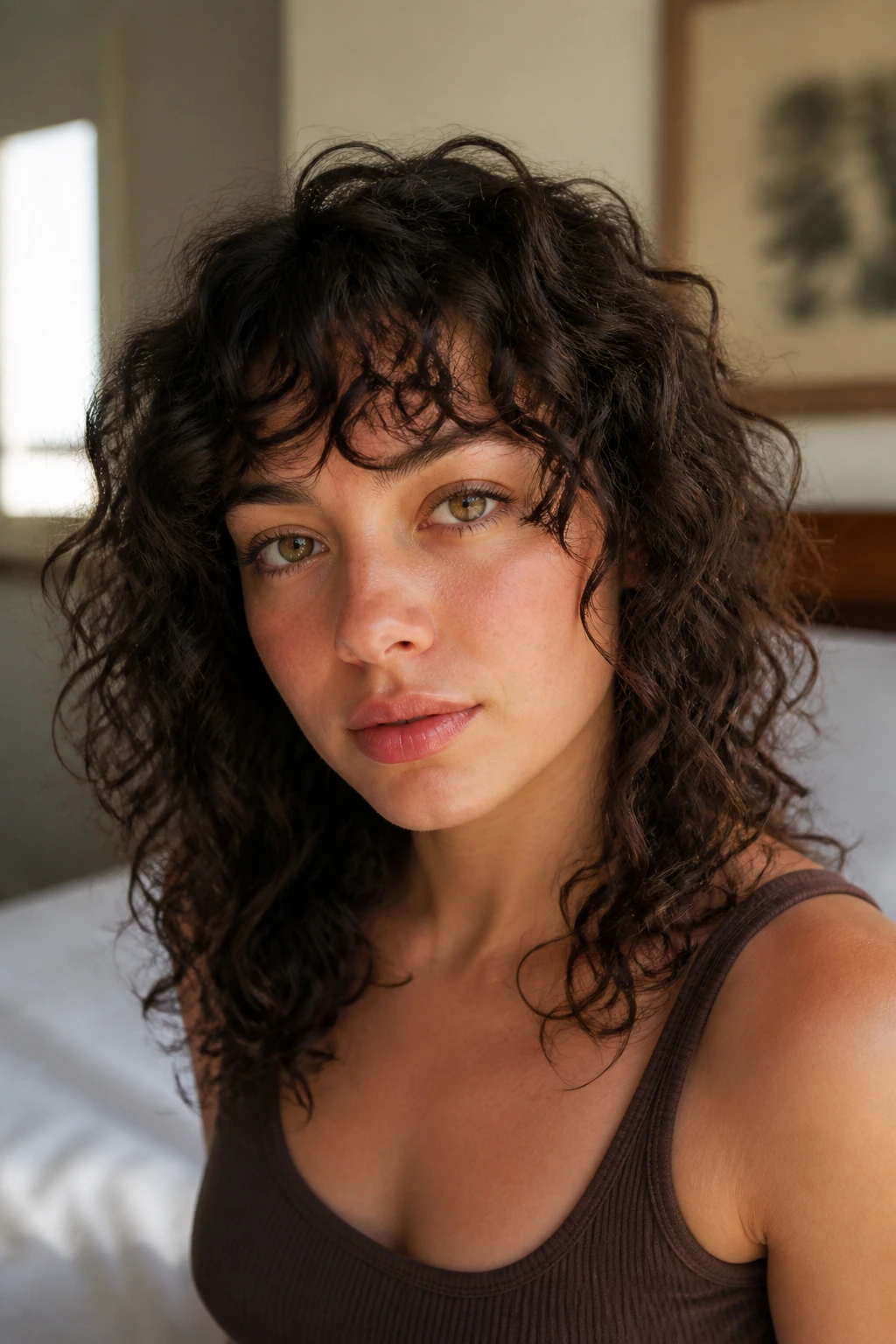 Close-up of a woman with bottleneck bangs showing center-short, temple-tapered shape