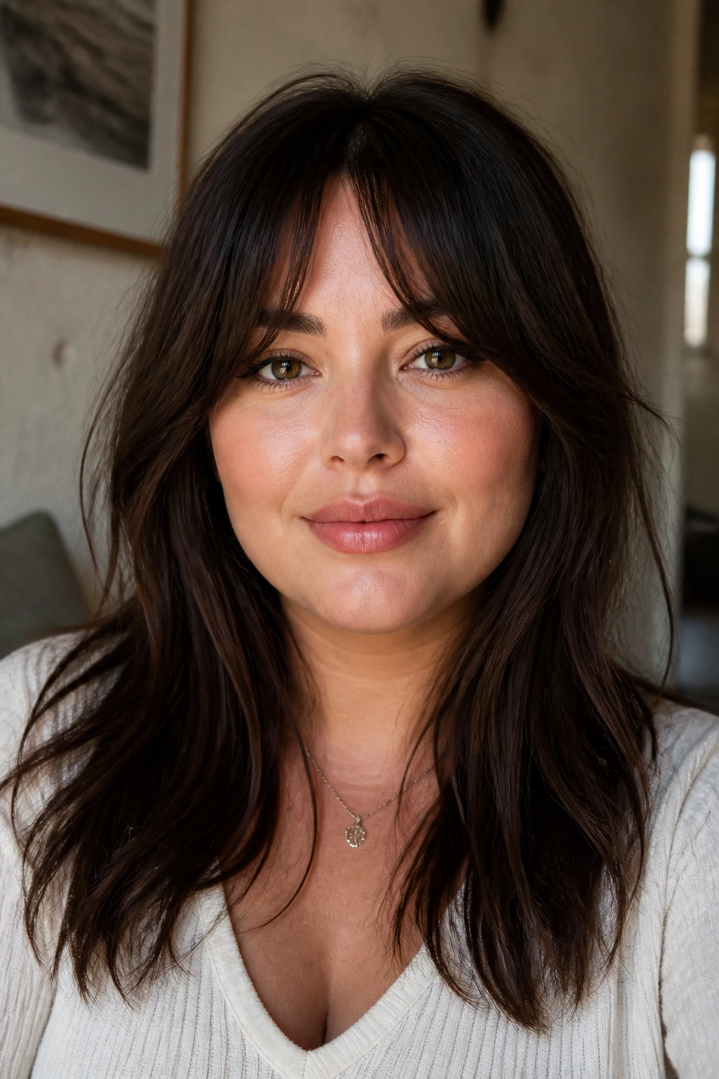 Close-up portrait of a woman with bottleneck bangs framing a round face in warm window light