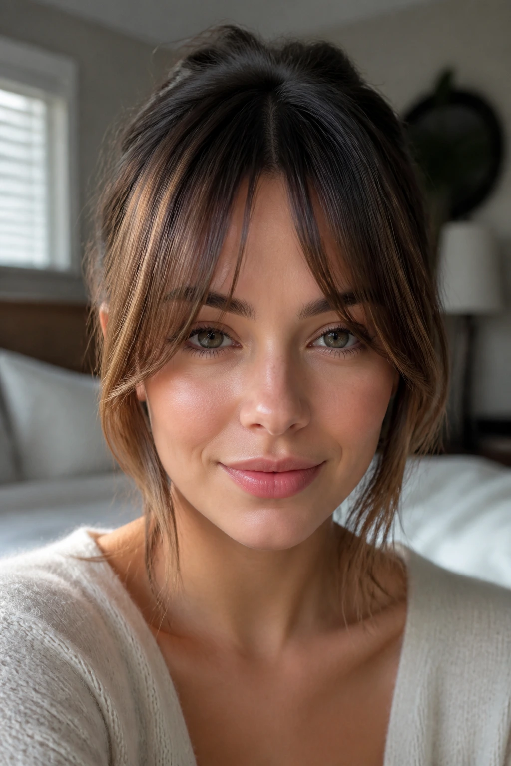 Close up of a real woman showing bottleneck bangs with a center gap and tapered sides on a round face