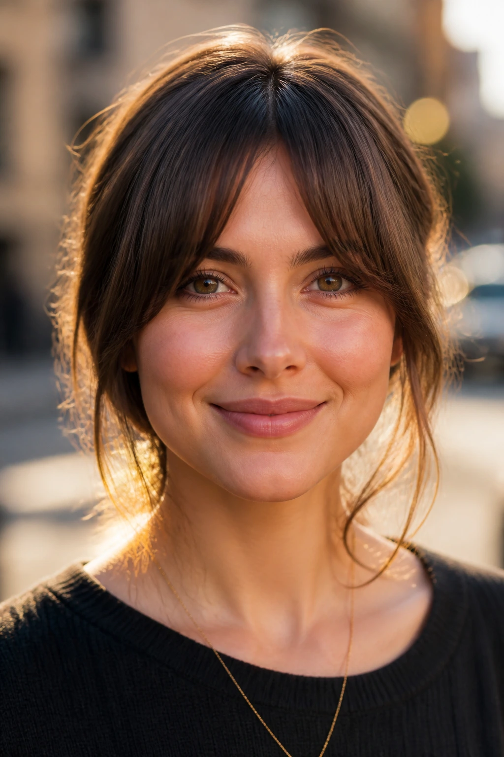 Close-up of a round-faced person with bottleneck bangs
