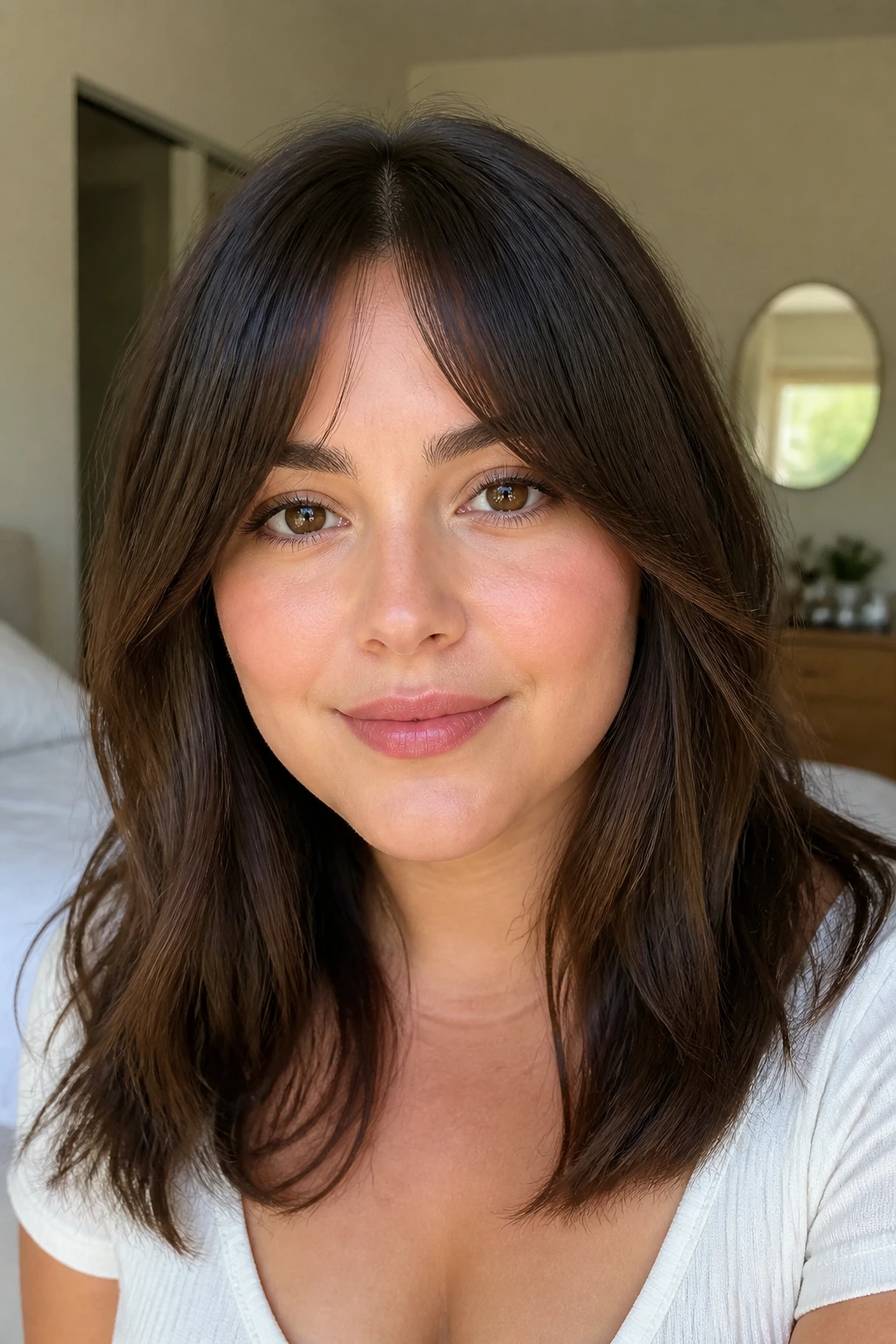 Close-up portrait of a real woman with bottleneck bangs on a round face, center opening and angled sides.