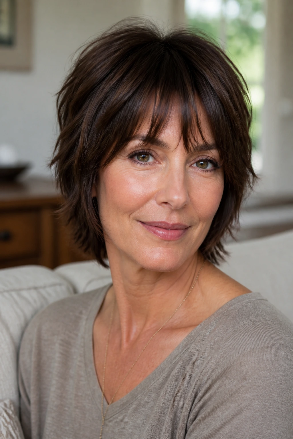 Portrait of a real woman with bottleneck bangs in a short brunette shag.