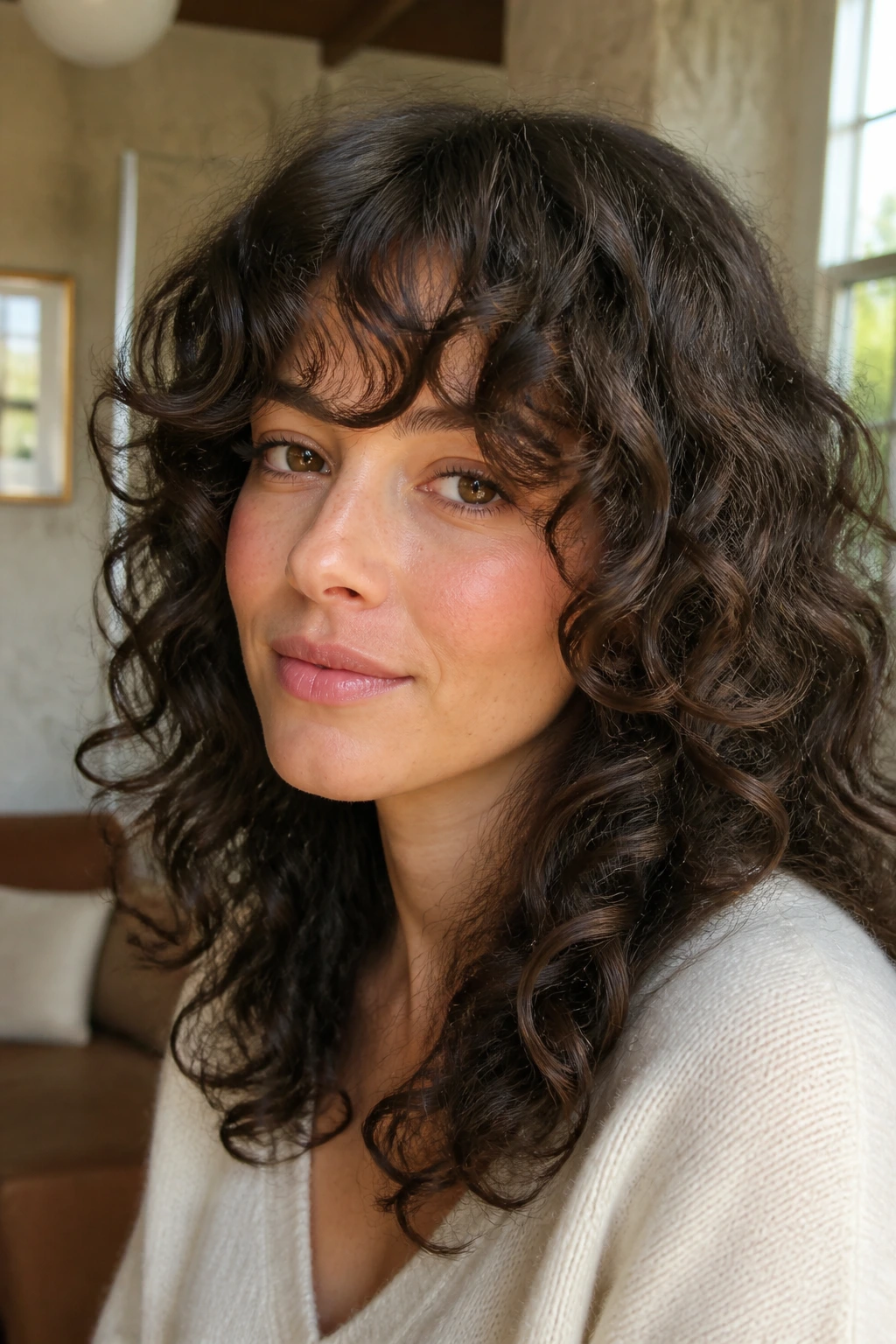 Close-up of real woman with bottleneck bangs on thick curls