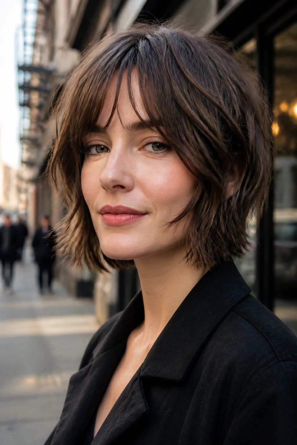 Close-up portrait of a real woman with bottleneck bangs shag hairstyle