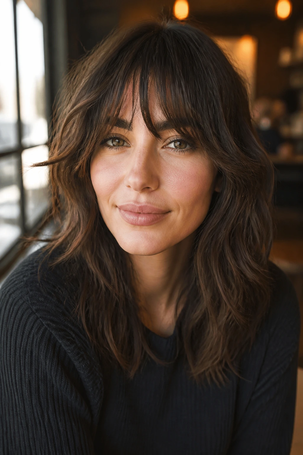 Close-up of a real woman with bottleneck bangs and shag layers