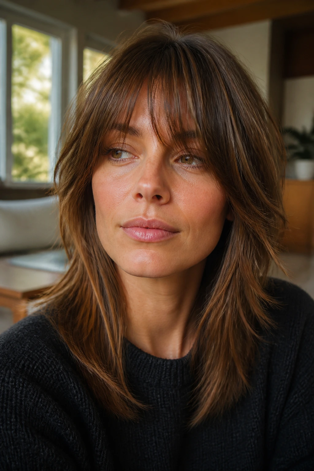 Close-up portrait of a real woman with bottleneck bang shag hairstyle