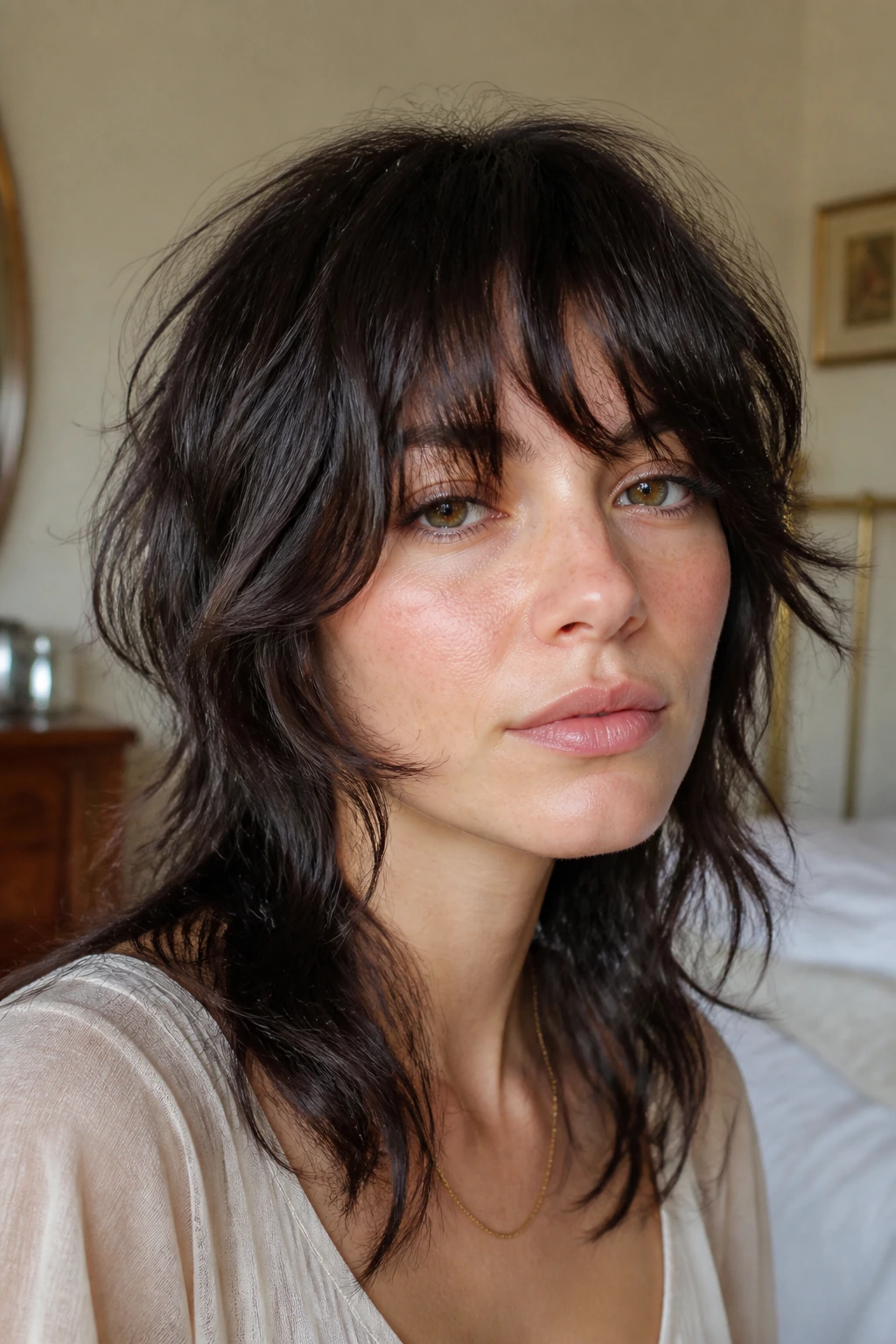 Close-up portrait of a real woman with bottleneck bangs and cheek-skimming outer edges.