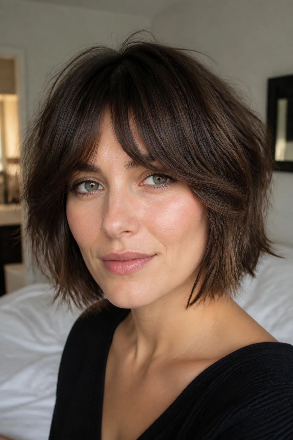 Close-up of a real woman with bottleneck bangs and shaggy bob framing the face