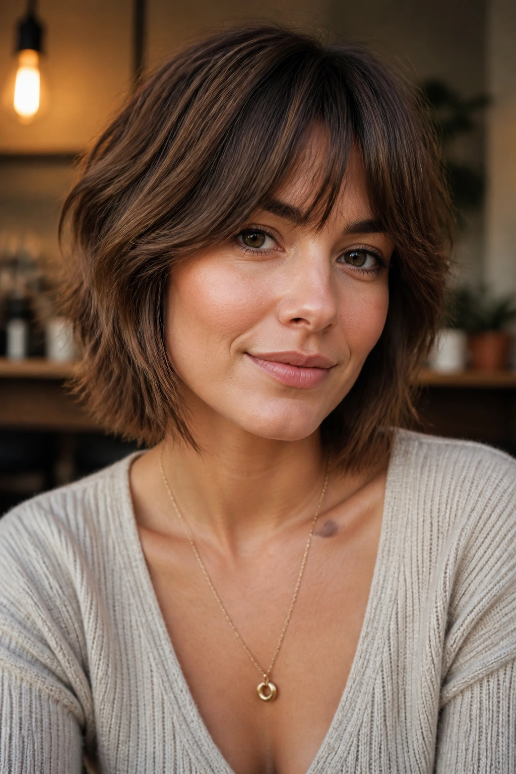 Portrait of a woman with bottleneck bangs on a soft shag bob