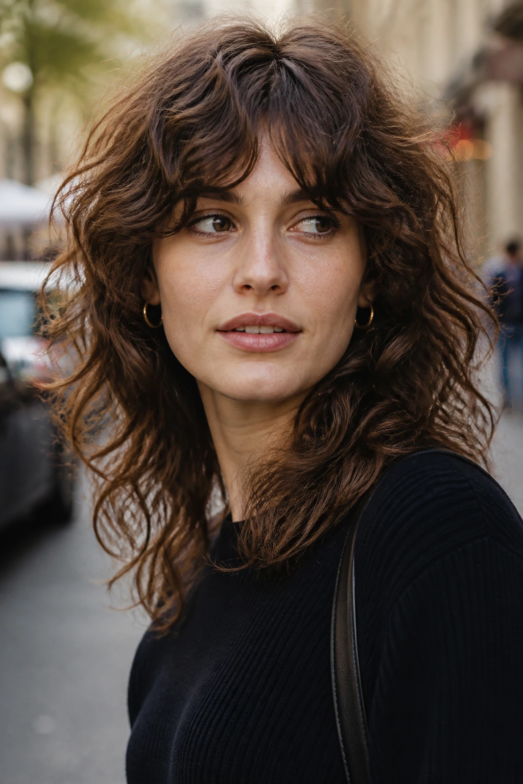 Close-up portrait of a real woman with bottleneck bangs on curly hair