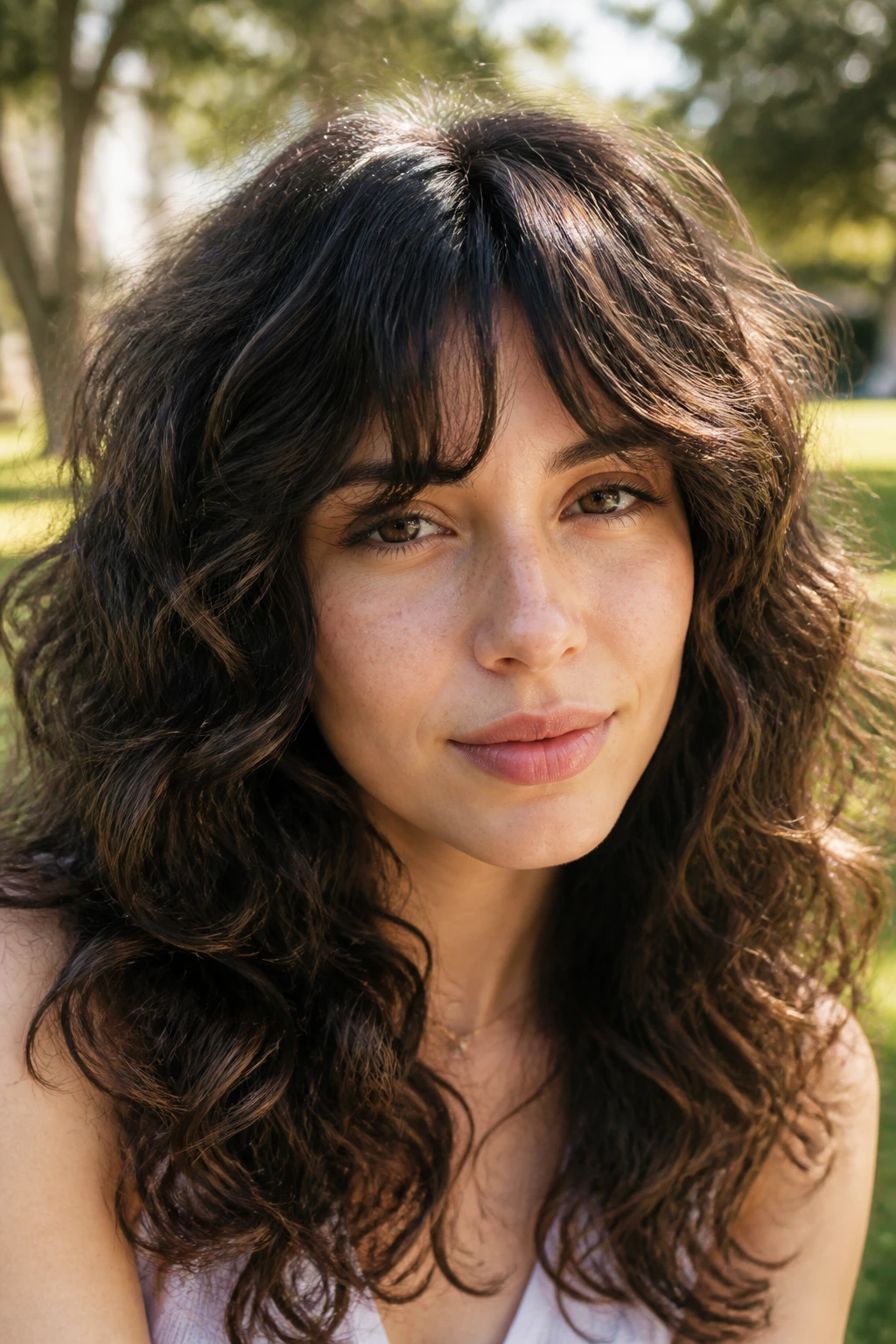 Portrait with bottleneck bangs in curly shag hairstyle