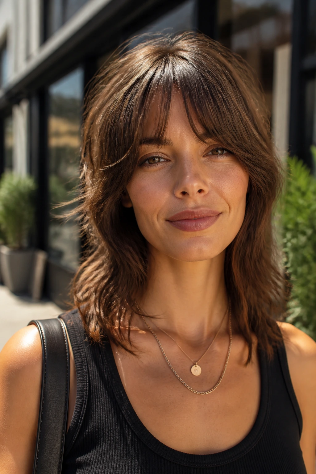 Close-up of a real person with bottleneck bangs and a shag cut on an urban street