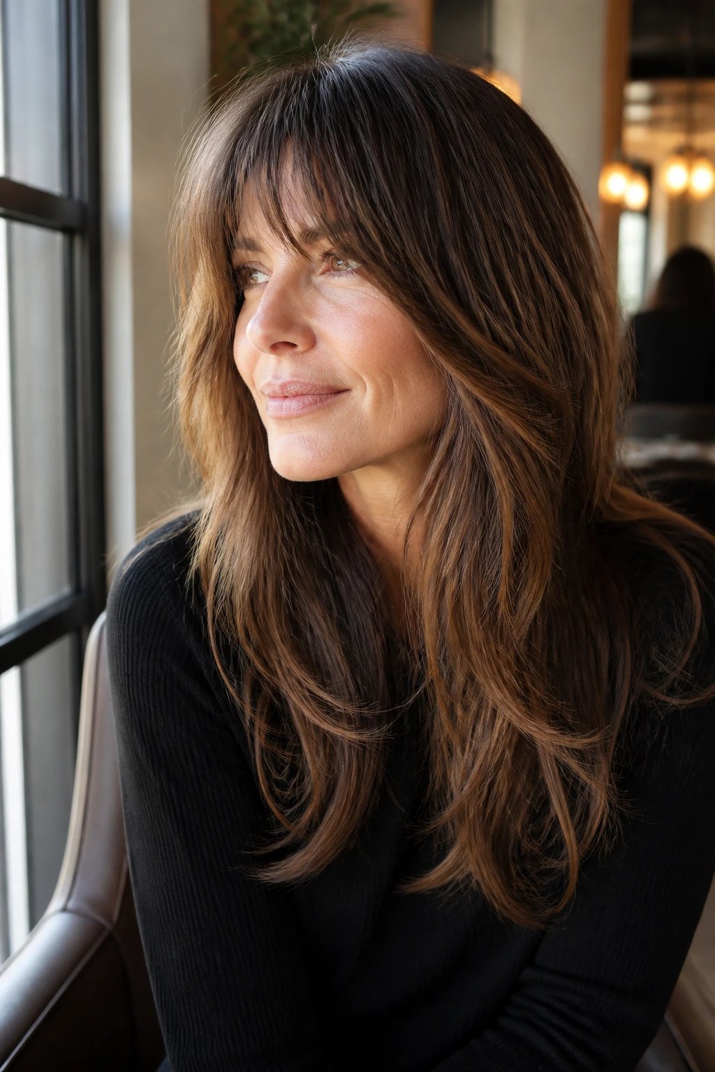 Close-up of a real woman with bottleneck bangs shag