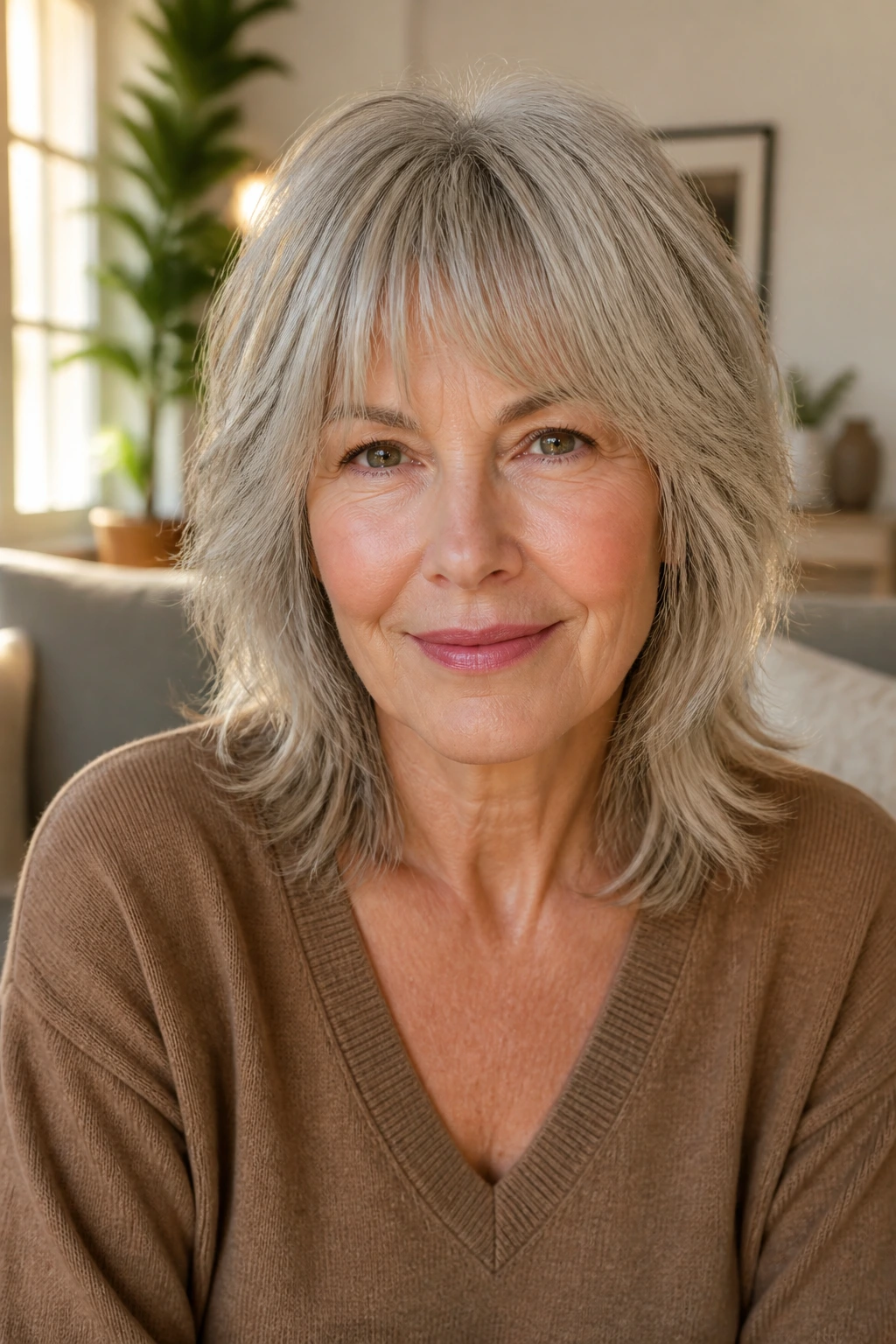Real woman with bottleneck bangs shag in bright living room light