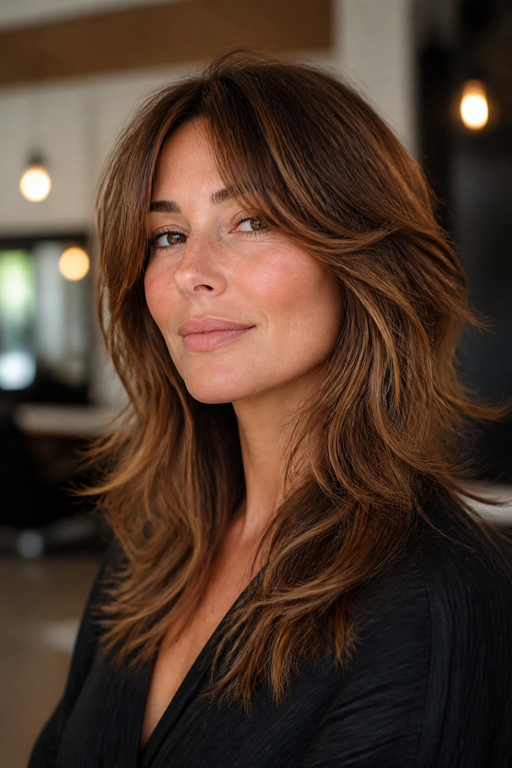 Close-up of a real woman with bottleneck bangs blended into a shag in a modern salon