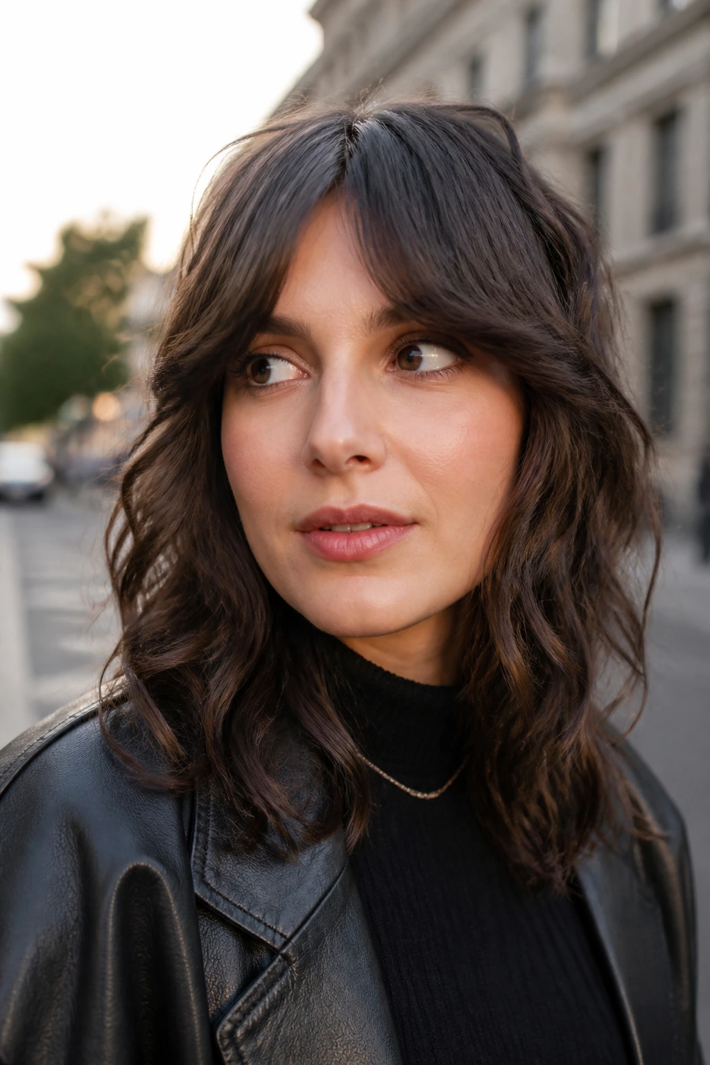 Close-up of woman with bottleneck bangs shag hairstyle.