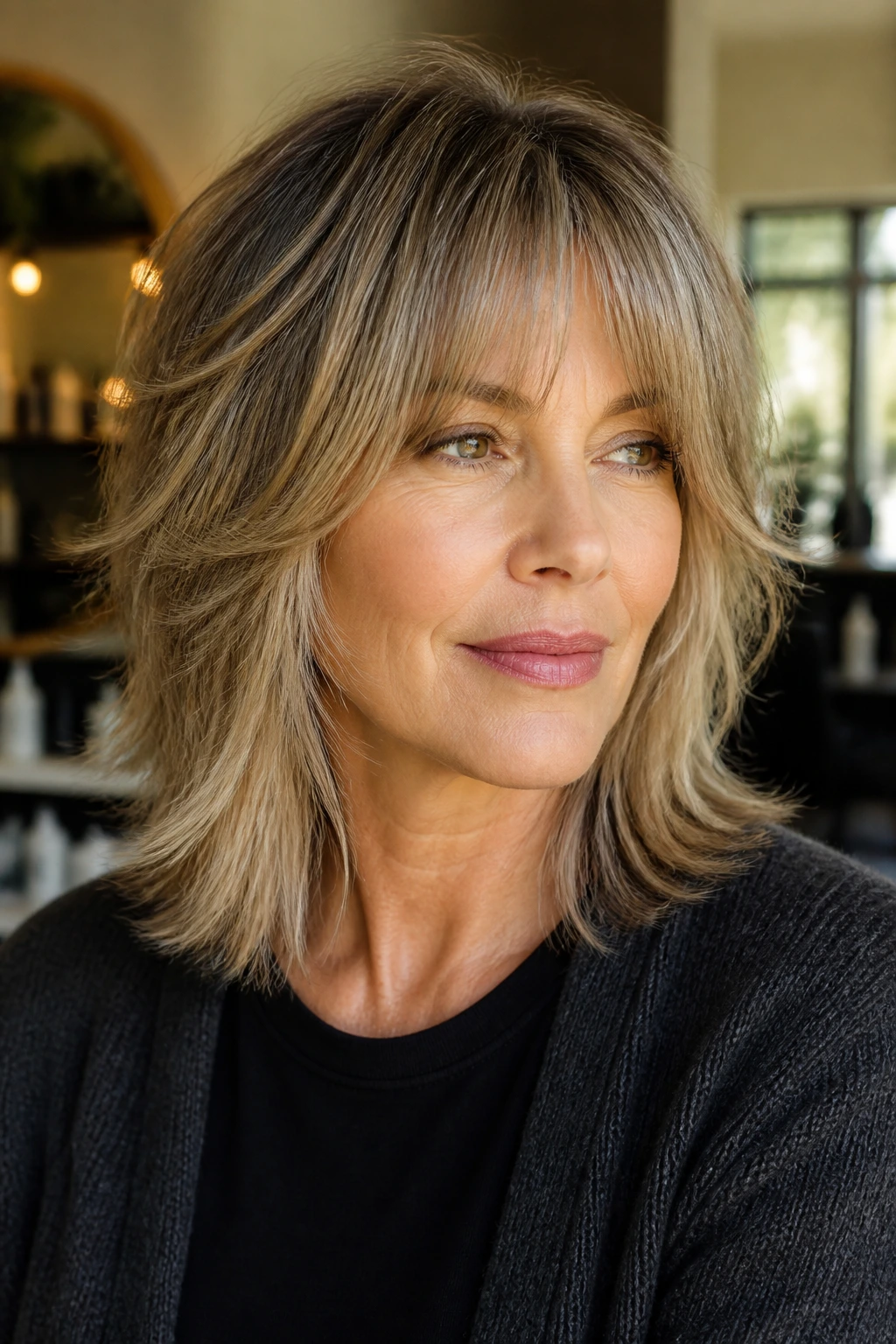 Close-up portrait of a real woman with bottleneck bangs in a shag, warm window light