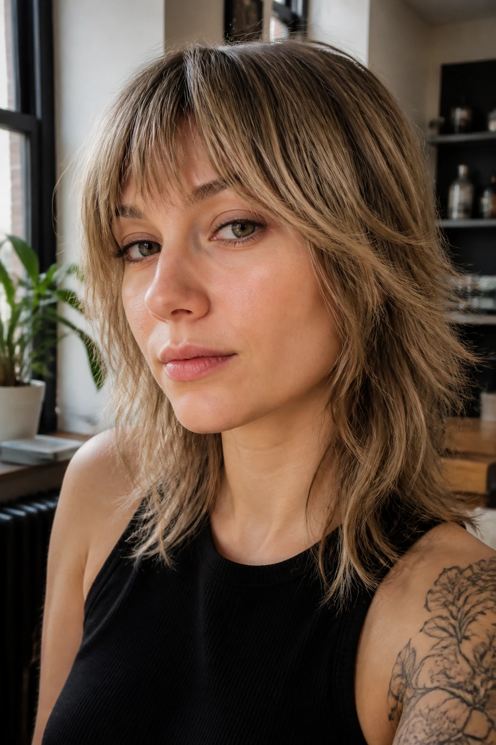Portrait of a real woman with bottleneck bangs in a bright urban apartment