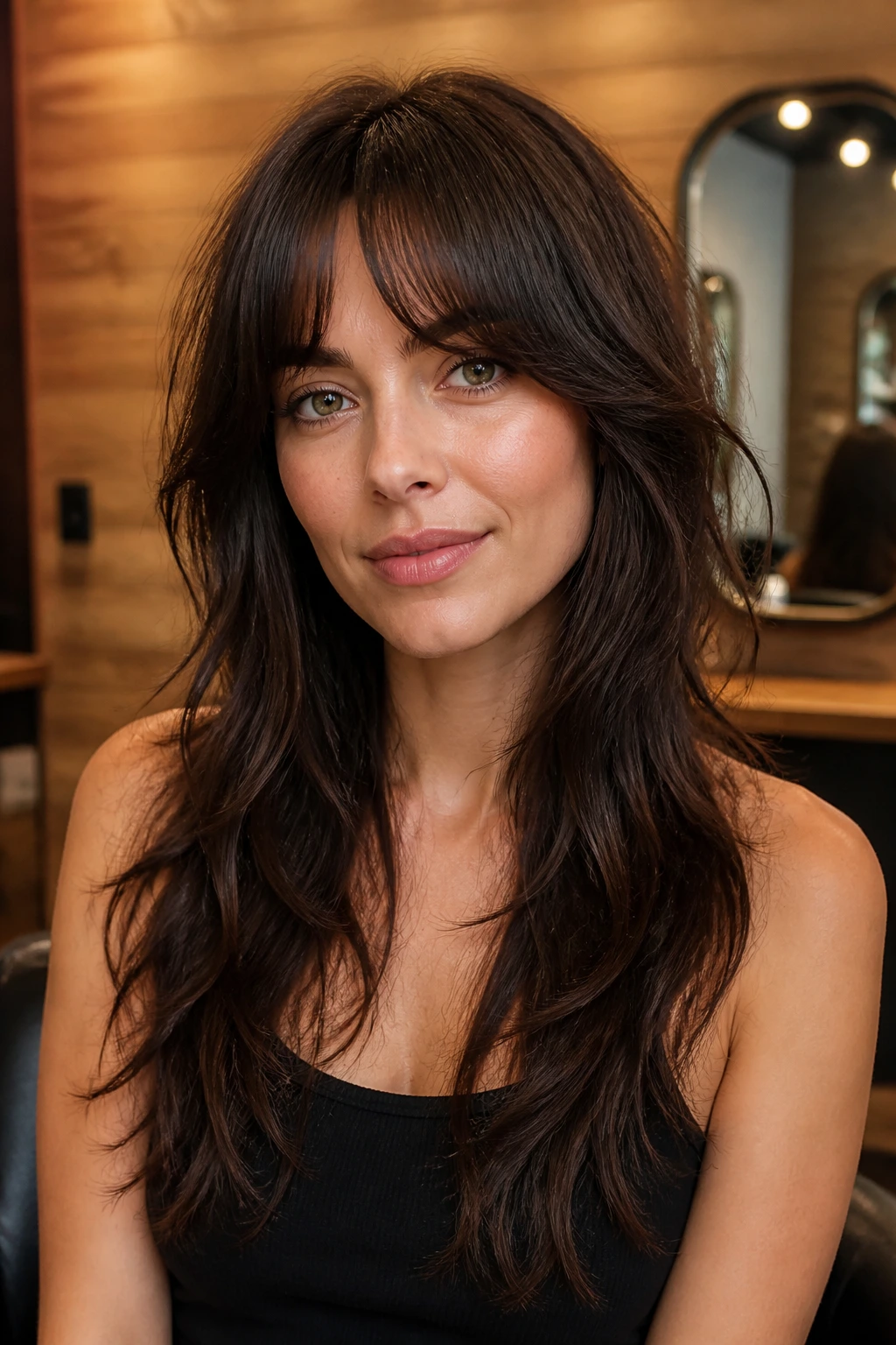 Close-up portrait of a real woman with bottleneck bangs blended into a shag haircut.