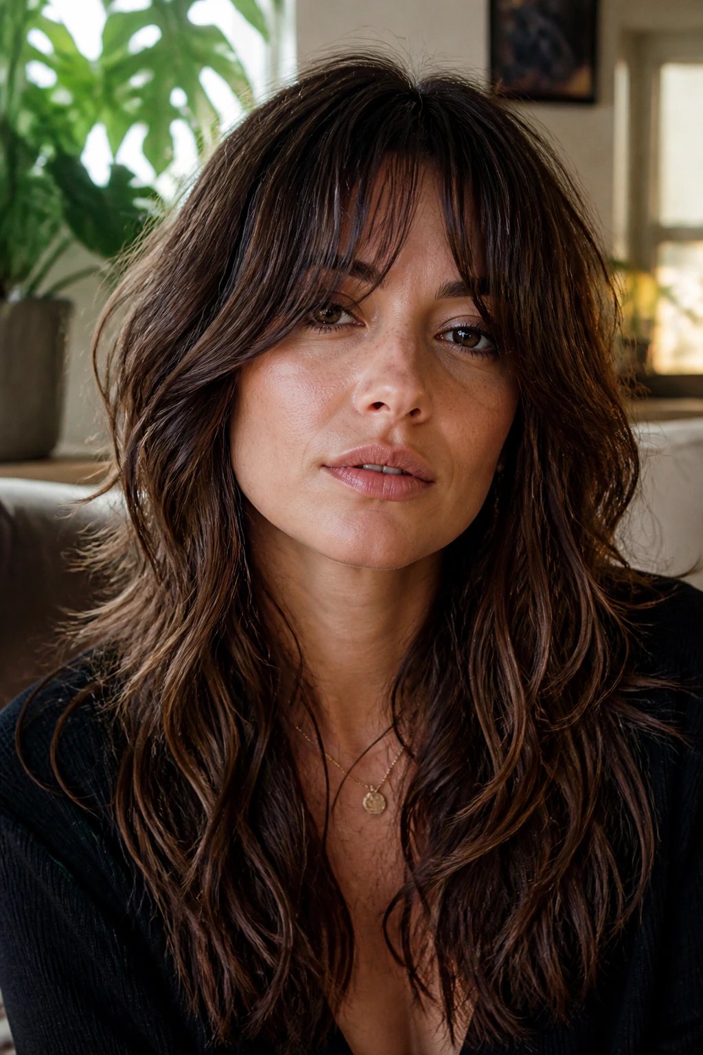 Portrait of a real woman with bottleneck bangs blending into front layers