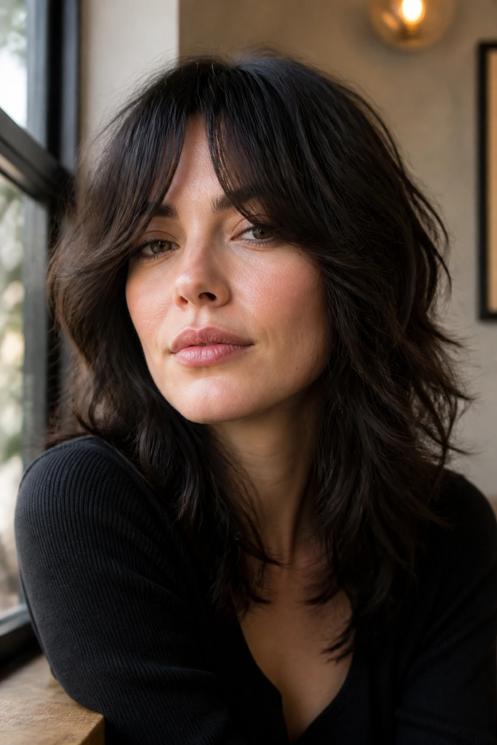 Close-up of a real woman with bottleneck bangs that frame eyes in soft cafe window light.