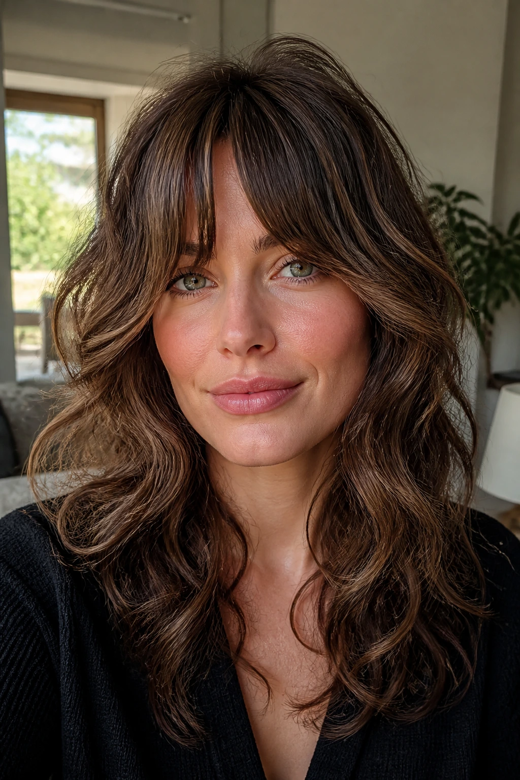 Close-up portrait of a real woman with bottleneck bangs Italian shag.