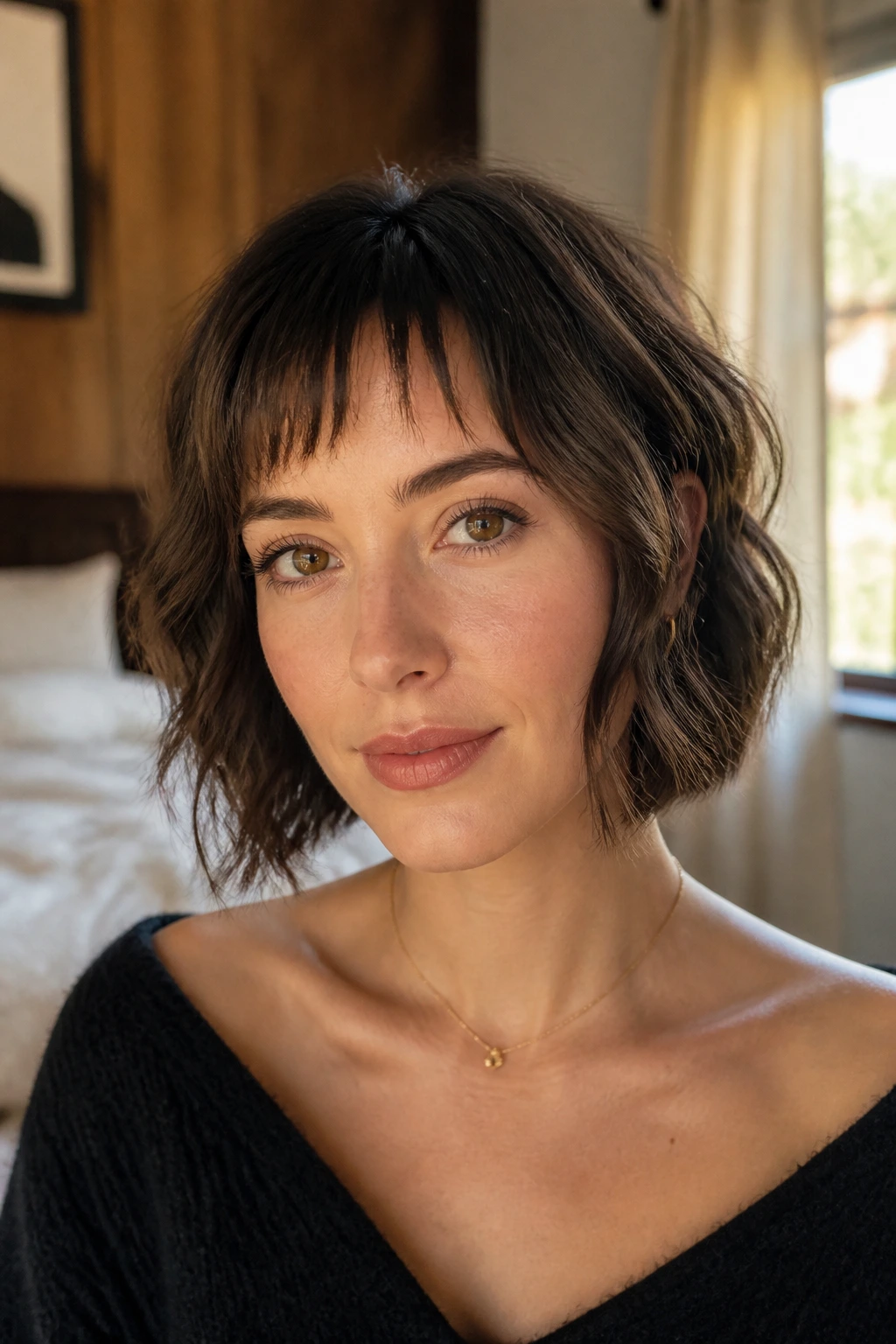 Close-up of a real woman with bottleneck bangs and a short bob.