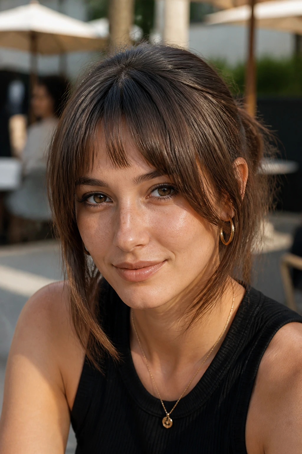 Close-up portrait of a real person with short-forehead bottleneck bangs in an airy fringe.