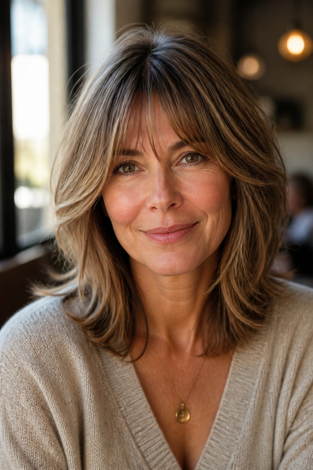 Close-up of a woman with soft bottleneck bangs and layered shoulder-length hair.