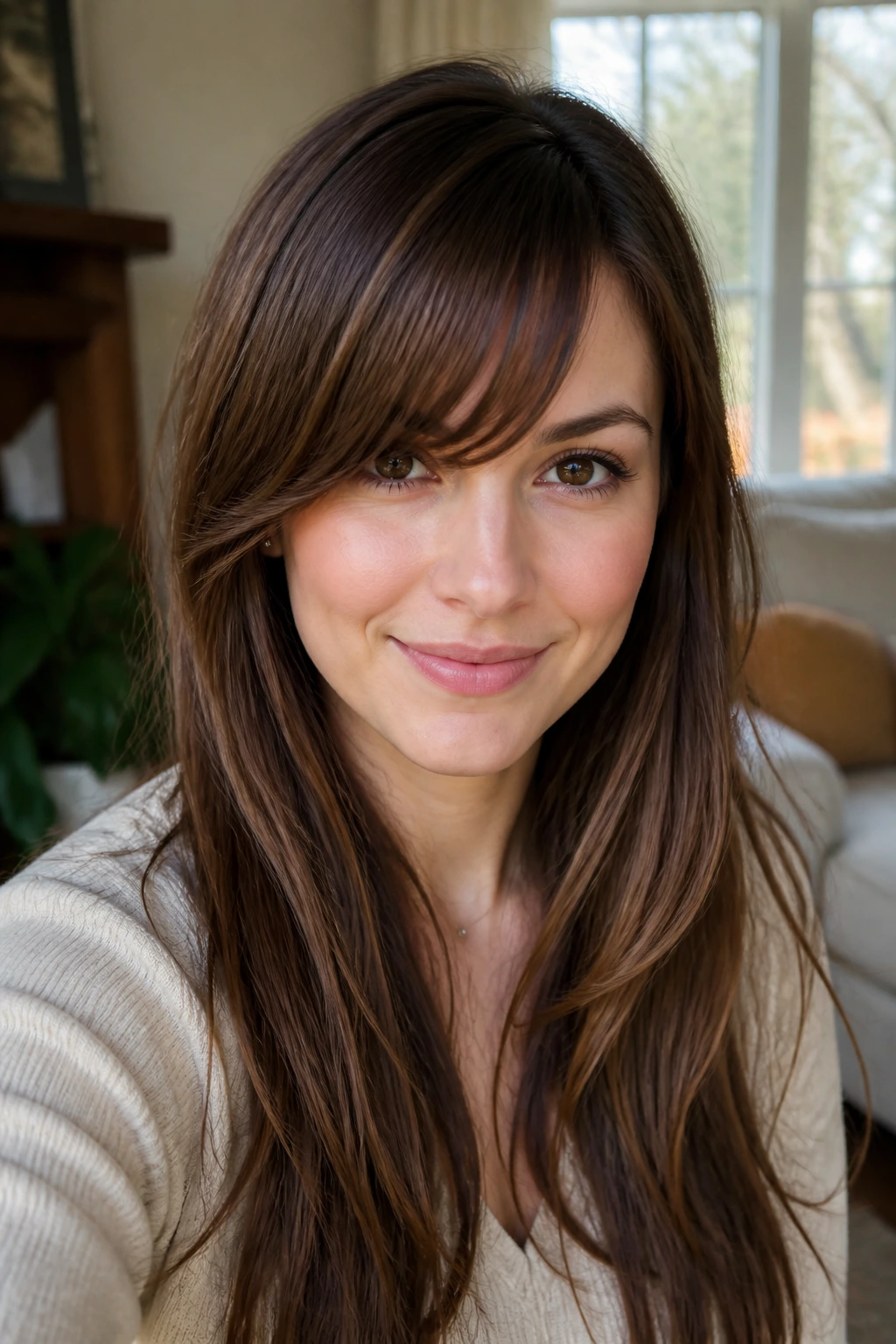 Close-up portrait of a real woman with side-swept bottleneck bangs in a warm living room