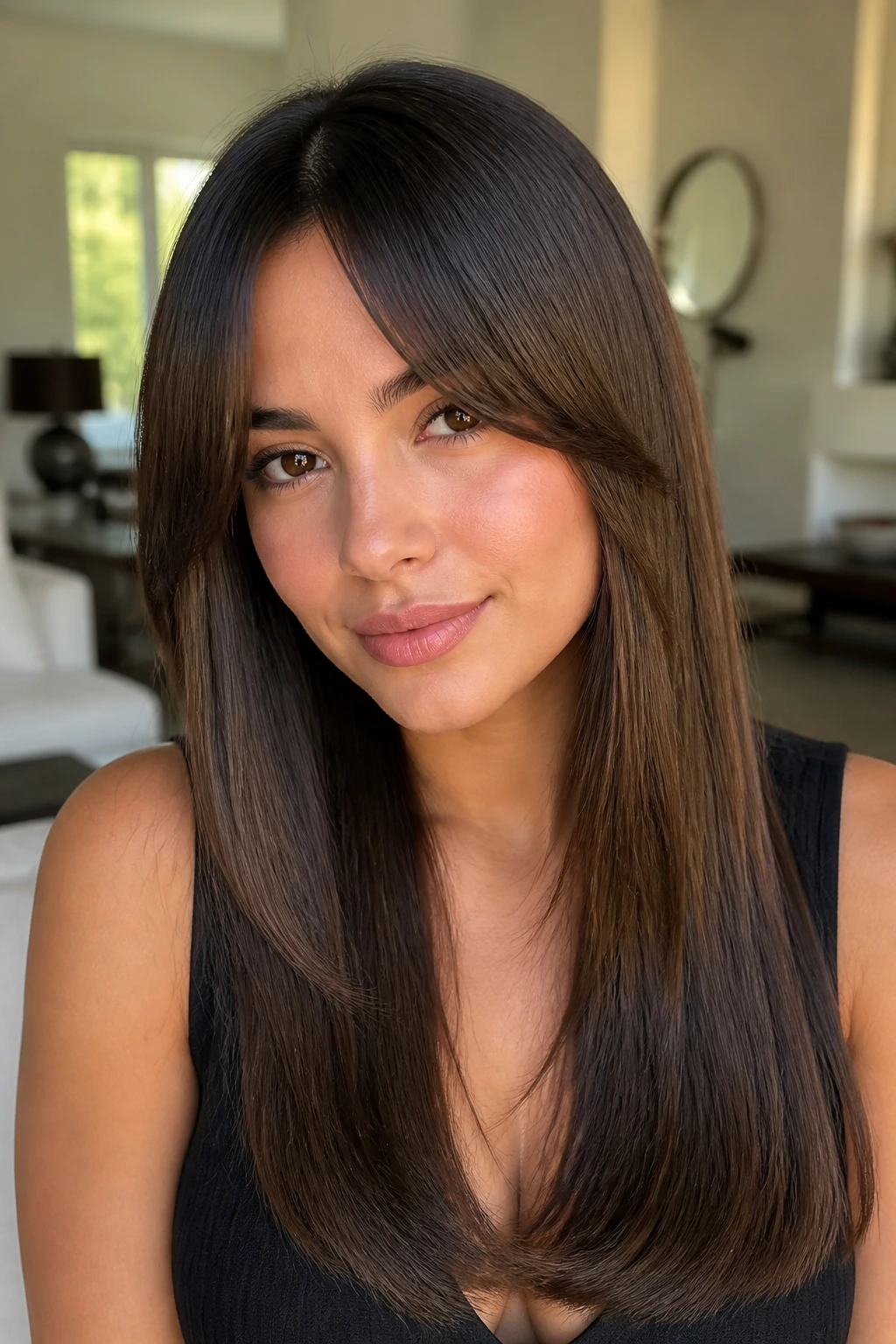 Close-up portrait of a woman with bottleneck bangs and sleek, long sides.