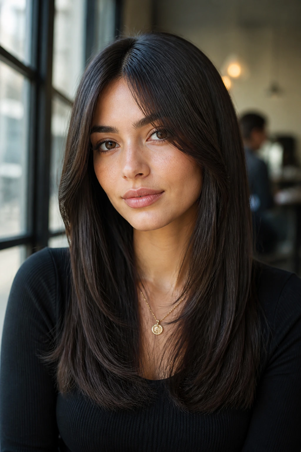Real woman with bottleneck bangs and sleek ends in thick straight hair