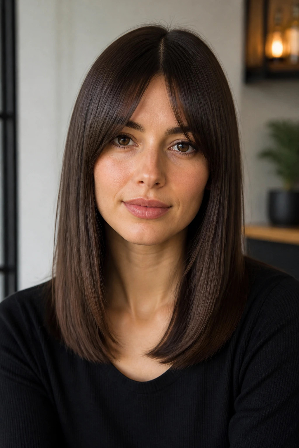 Portrait of a woman with bottleneck bangs and sleek straight hair