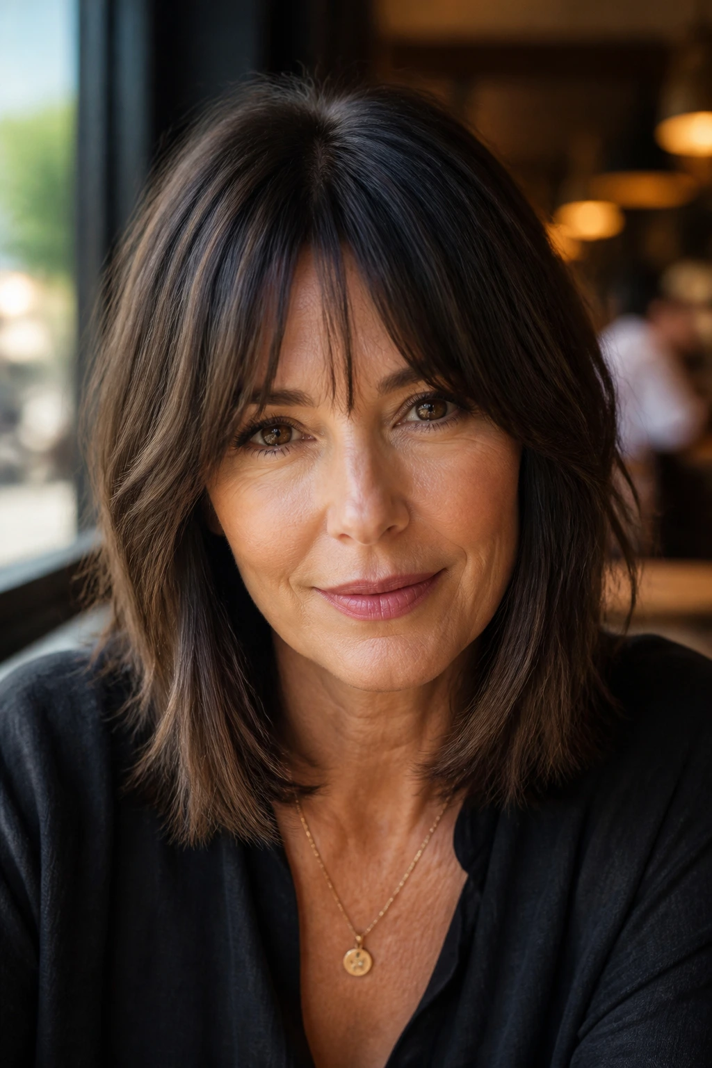 Close-up of a real woman with bottleneck bangs and smoky brunette lob