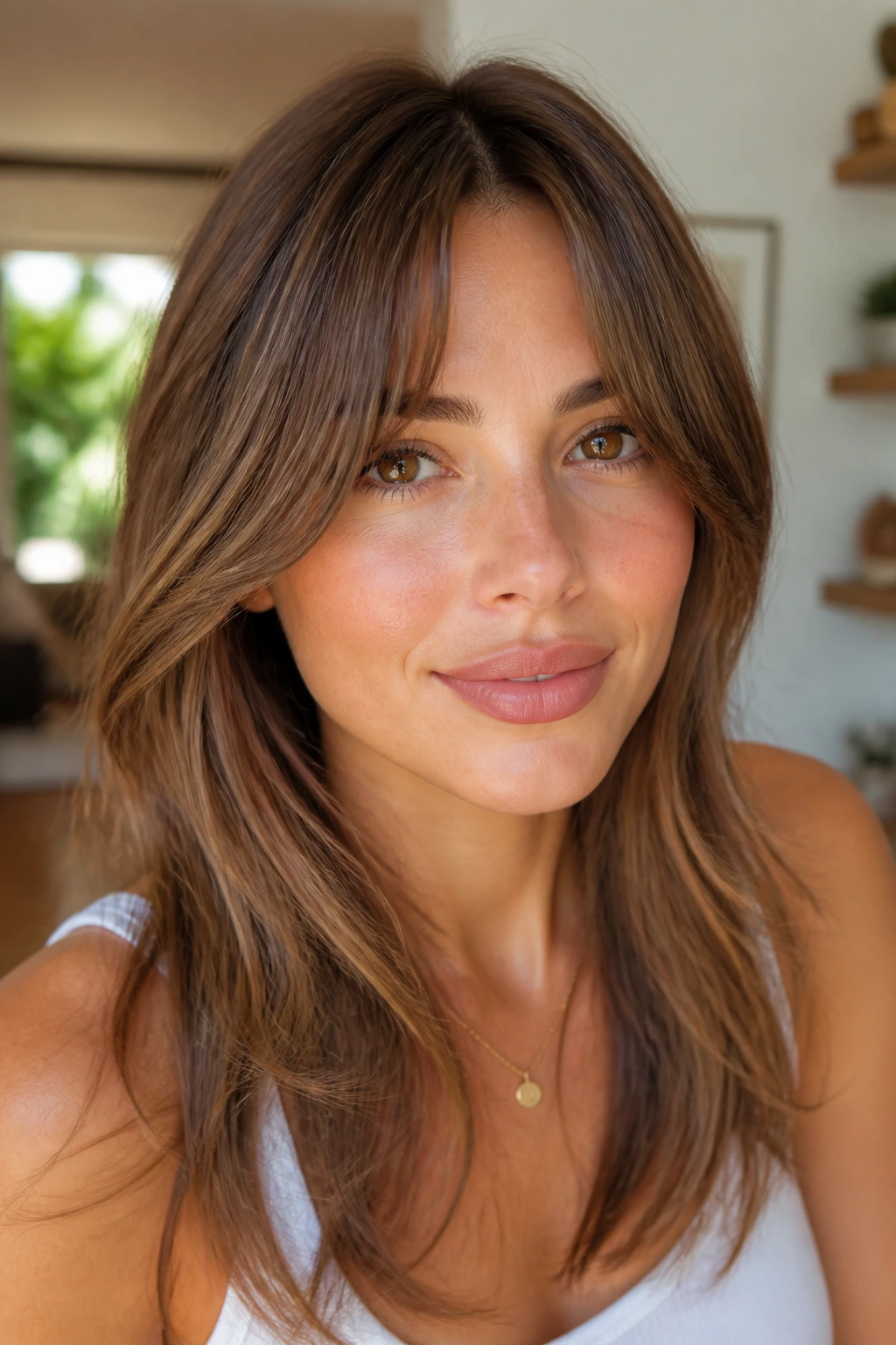 Close-up portrait of bottleneck bangs framing a soft face on a real person