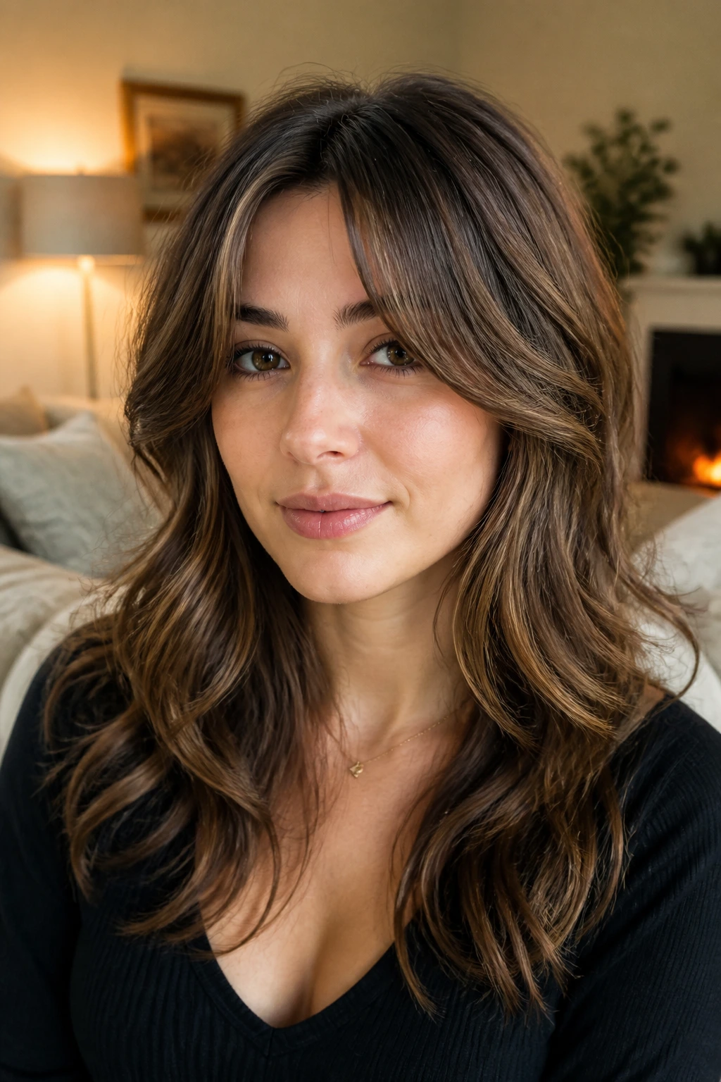 Portrait of a real person with bottleneck bangs and soft sweeping layers framing the face