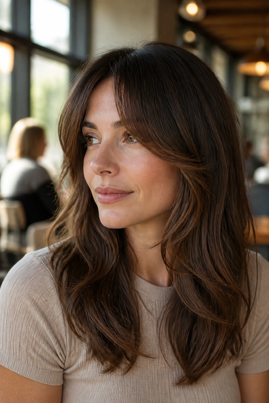 Close-up of a real woman wearing bottleneck bangs with soft side pieces in natural light