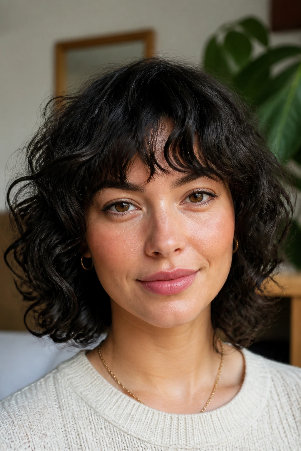 Close-up of bottleneck bangs with softer corners on a real person.