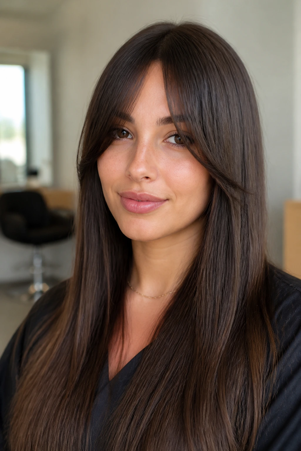 Close-up of a real woman with sleek bottleneck bangs on straight, long hair in soft salon lighting