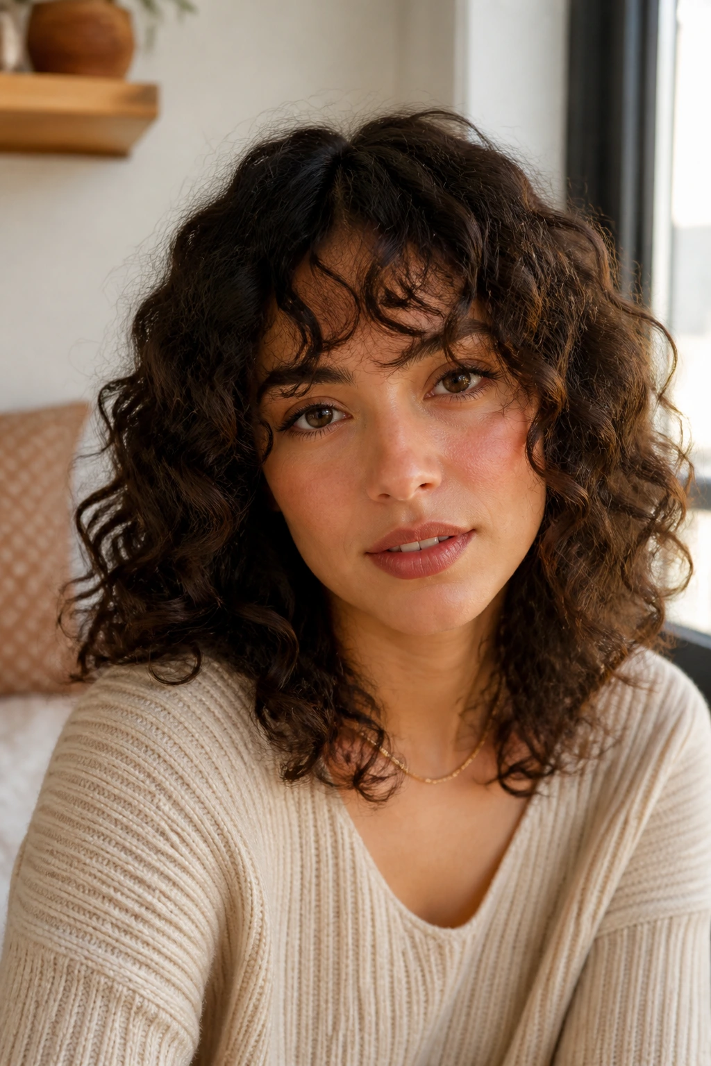 Person with bottleneck bangs wearing a flattering shape in window light